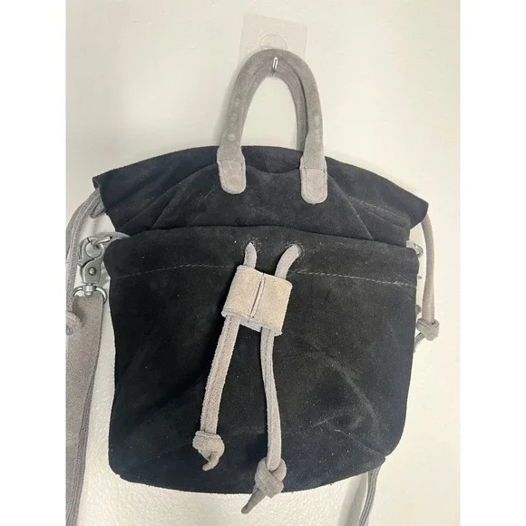 Free People Suede Drawstring Bucket Bag Black Gray Crossbody Tote Handbag - Picture 3 of 7